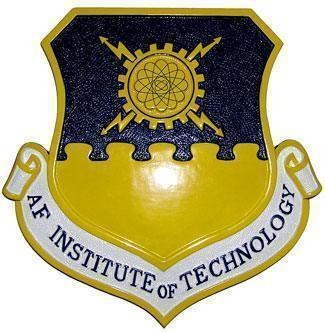 Three-dimensional AFIT crest plaque featuring gold gear with atomic symbol on blue shield