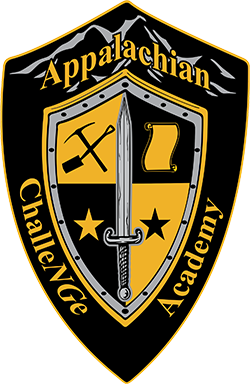 Black and gold shield crest with sword, pickaxe, and stars representing Appalachian heritage