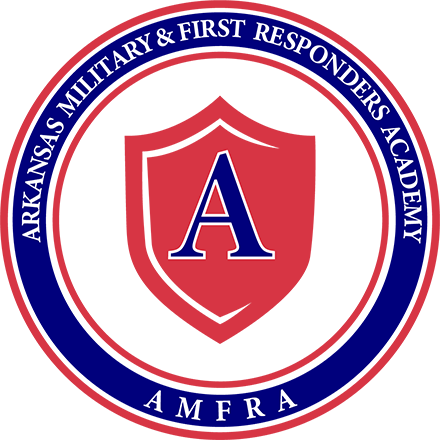 AMFRA circular crest with red shield, blue letter A, and school name in blue and red border