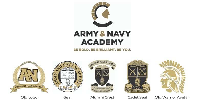 Collection of academy emblems including old logo, official seal, alumni crest, cadet seal, and warrior avatar
