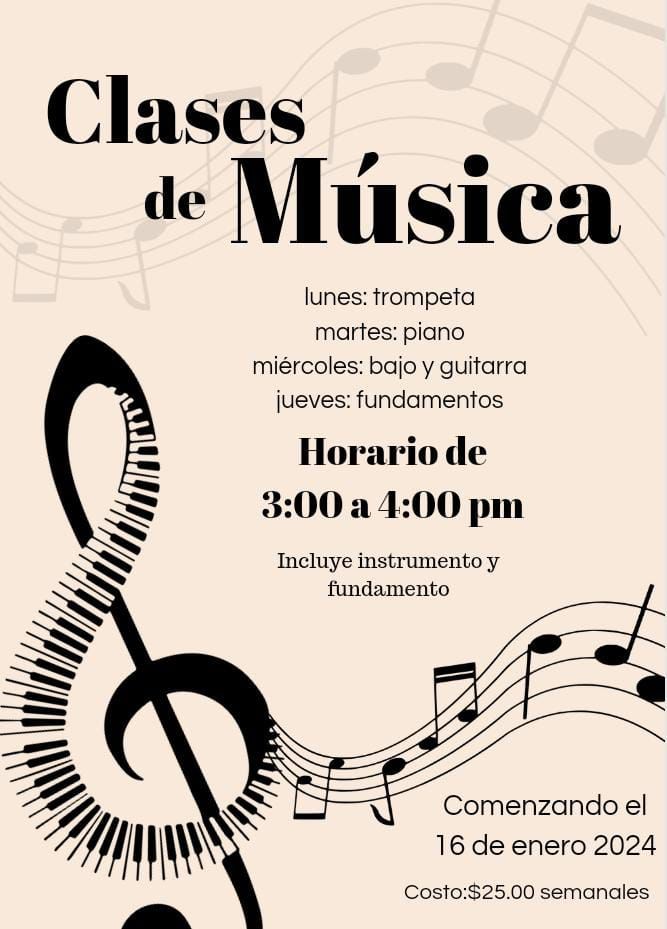 Music classes flyer advertising trumpet, piano, bass, and guitar lessons in Spanish