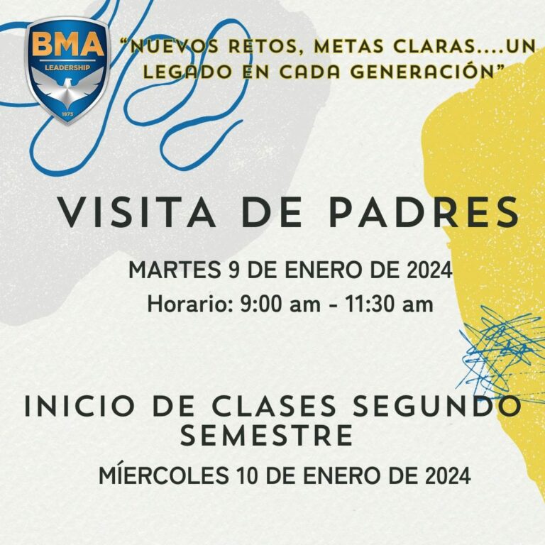 BMA parent visit announcement flyer with eagle logo and semester start dates in Spanish