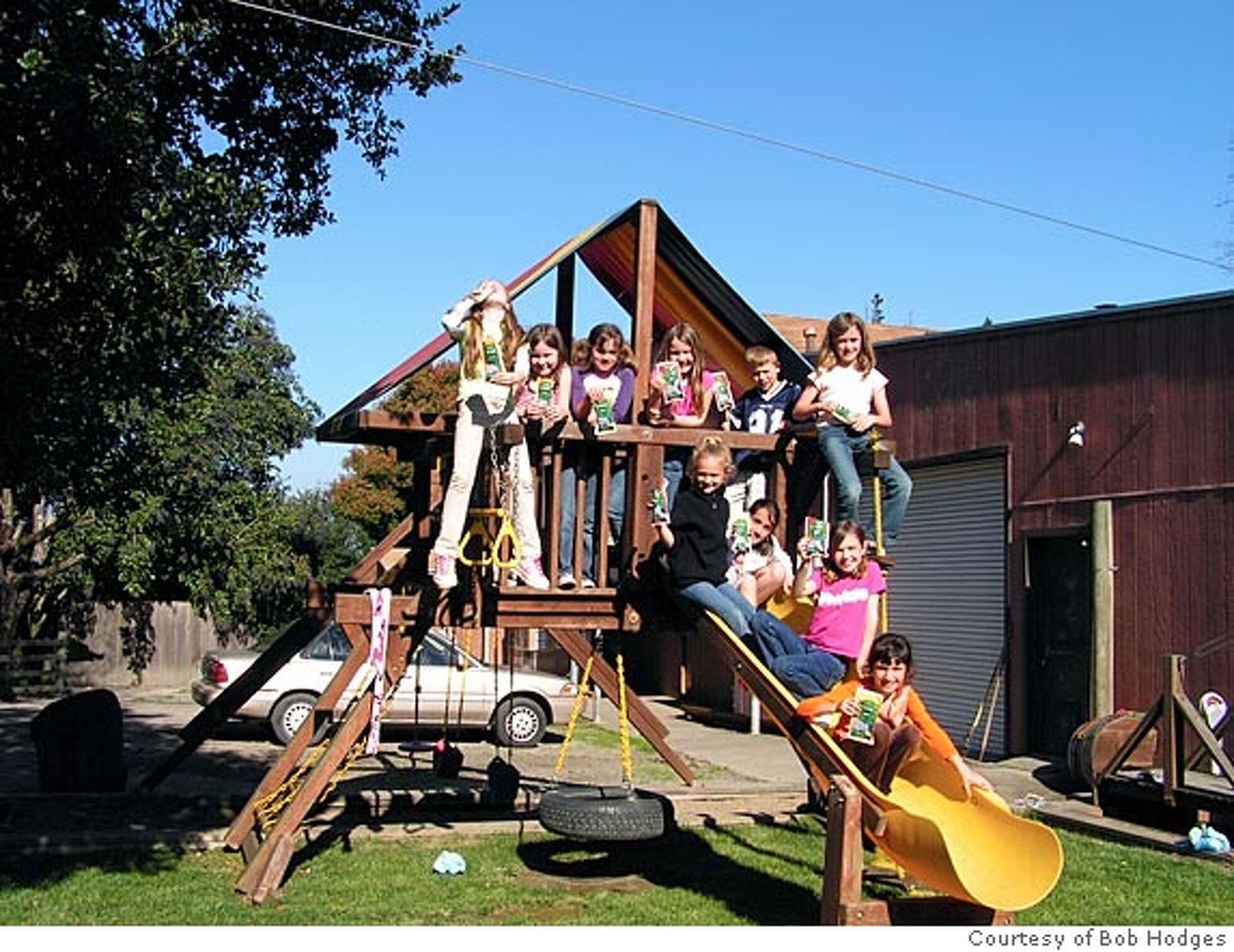 Group of children posing on a wooden playground structure with yellow slide on a sunny day