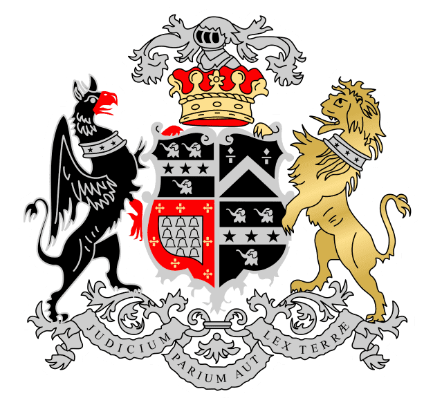 Heraldic coat of arms with black griffin, golden lion, crown, and Latin motto banner