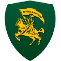 Green shield-shaped crest with gold knight on horseback holding Challengers banner