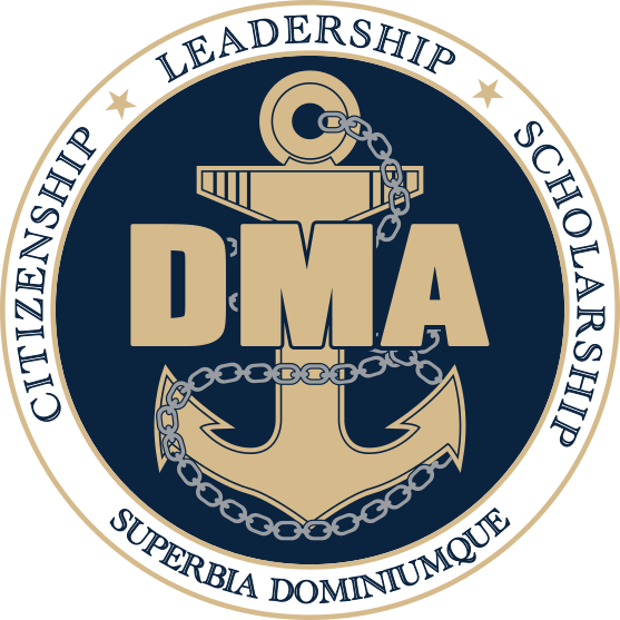 Navy and gold circular crest with anchor, DMA letters, and motto Citizenship Leadership Scholarship