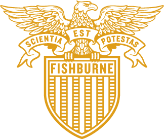 Gold eagle with spread wings atop striped shield, motto Scientia Est Potestas on banner