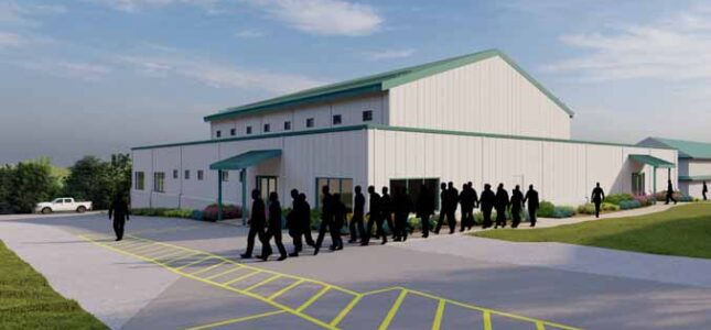 Rendering of modern multipurpose facility with cadets marching in formation outside white metal building