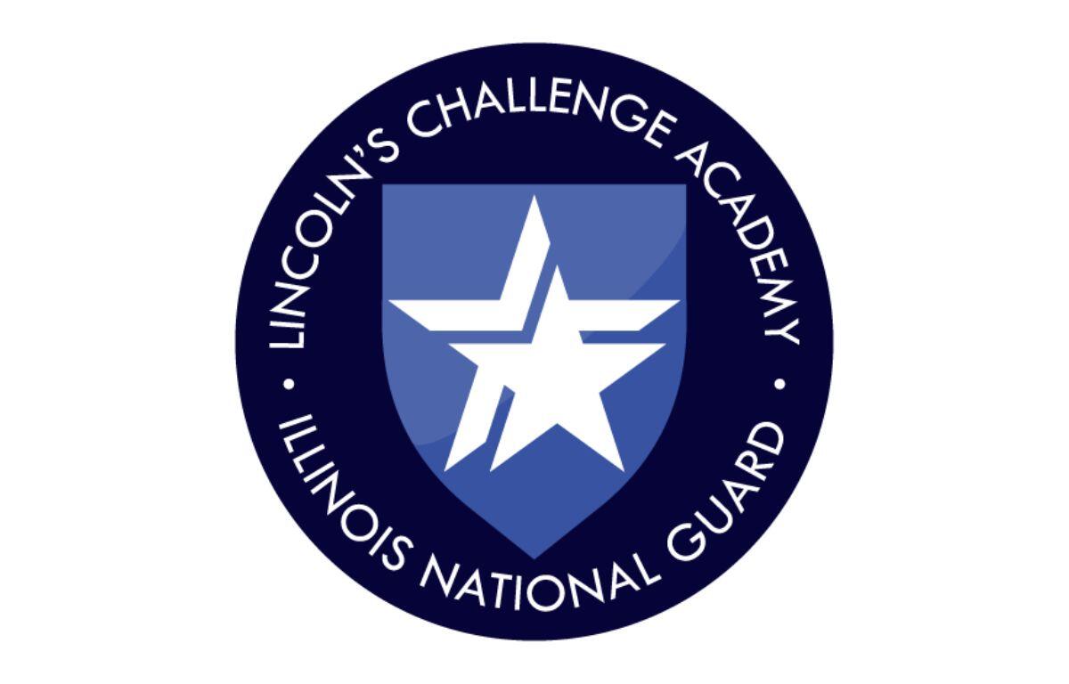 Circular navy blue logo with white star on shield and Illinois National Guard text