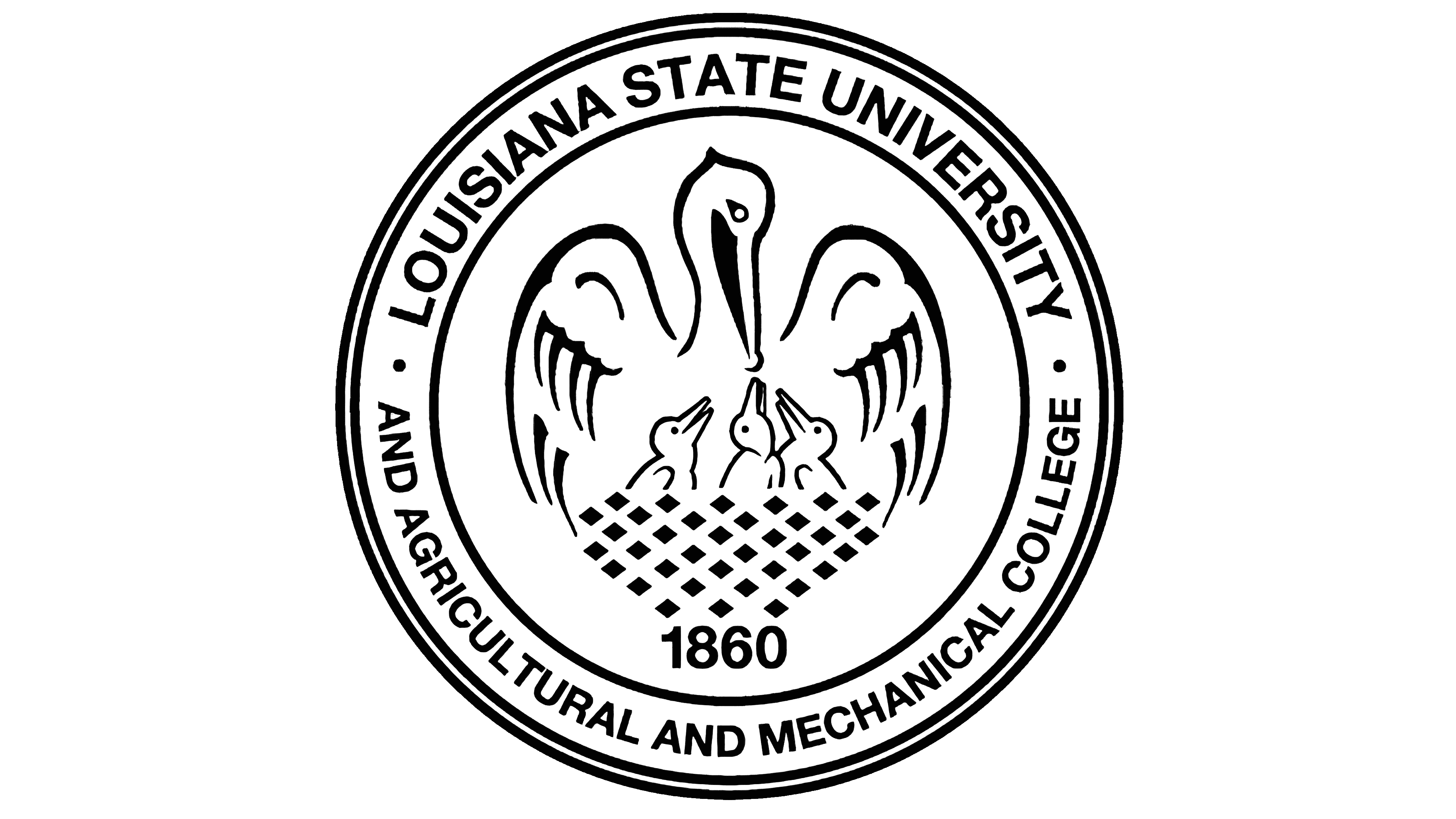 LSU official seal with pelican feeding chicks, established 1860, Agricultural and Mechanical College