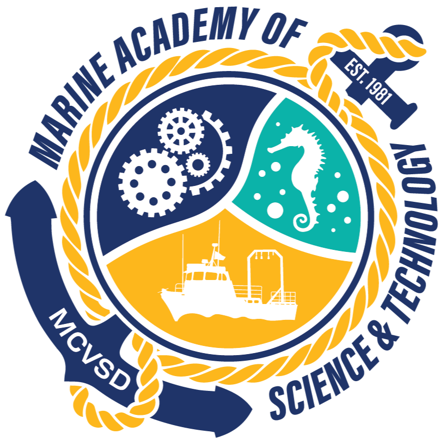 MAST circular crest featuring mechanical gears, seahorse, and ship icons representing science and marine focus
