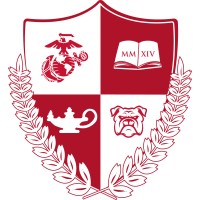 Maroon and white shield crest with Marine Corps eagle globe anchor, book, lamp, and bulldog