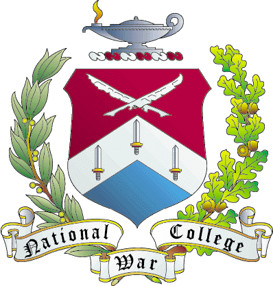 National War College heraldic crest featuring crossed swords on red shield, three swords, and lamp of knowledge