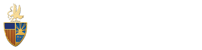 NYMA heraldic crest with golden eagle perched on shield displaying sunrise over mountains and striped field