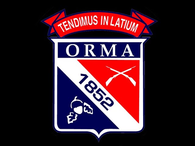 ORMA shield crest with Tendimus In Latium banner, crossed rifles, acorn emblem, and 1852 on black background