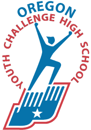 Oregon Youth Challenge High School crest with blue figure climbing patriotic red and blue stairs