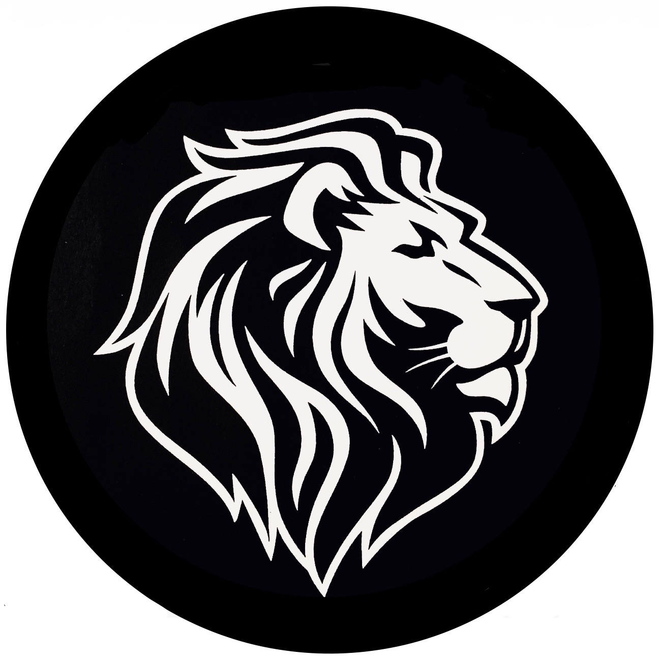 White stylized lion head profile logo on black circular background