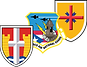 Three shield emblems including Puerto Rico National Guard crest with eagle and island imagery