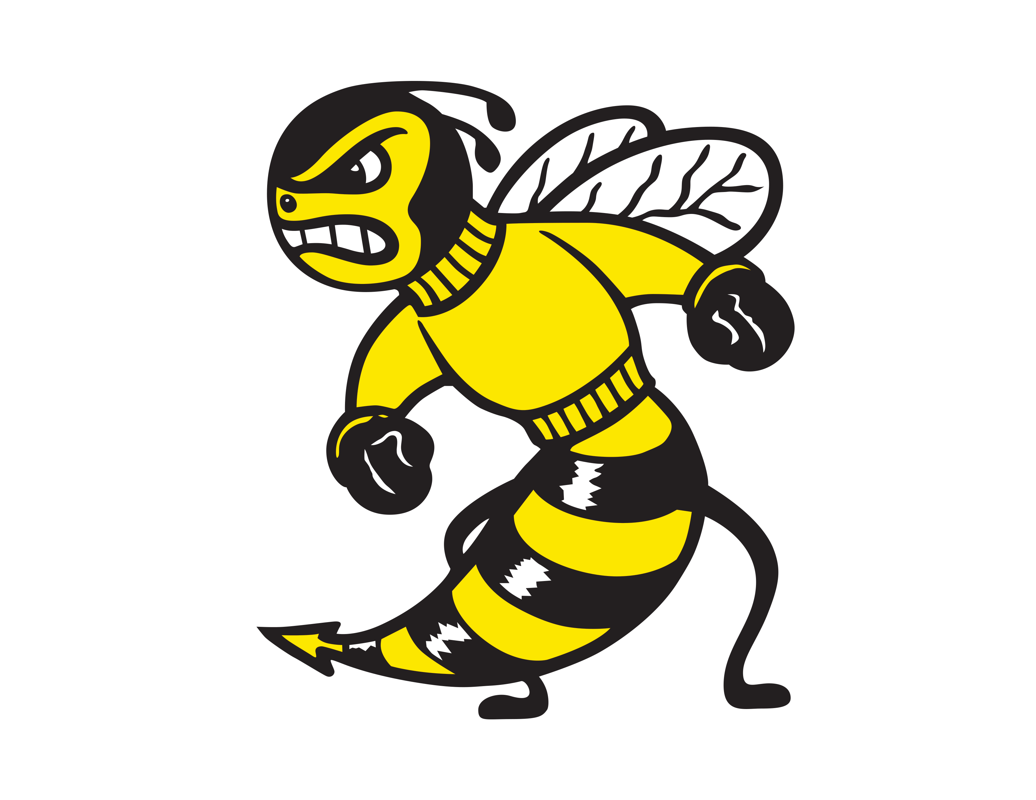 Yellow Jacket mascot in black and yellow, aggressive cartoon bee wearing boxing gloves in fighting stance