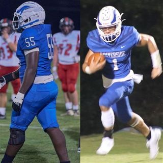 Two football players in royal blue Riverside jerseys, one defensive lineman and one running back in action