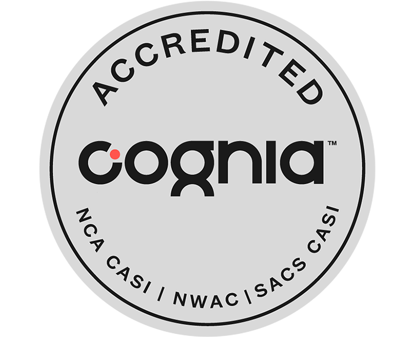 Gray Cognia accreditation seal showing NCA CASI, NWAC, and SACS CASI credentials