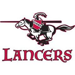 Lancers mascot logo featuring knight on charging horse with lance and SJNA banner in school colors