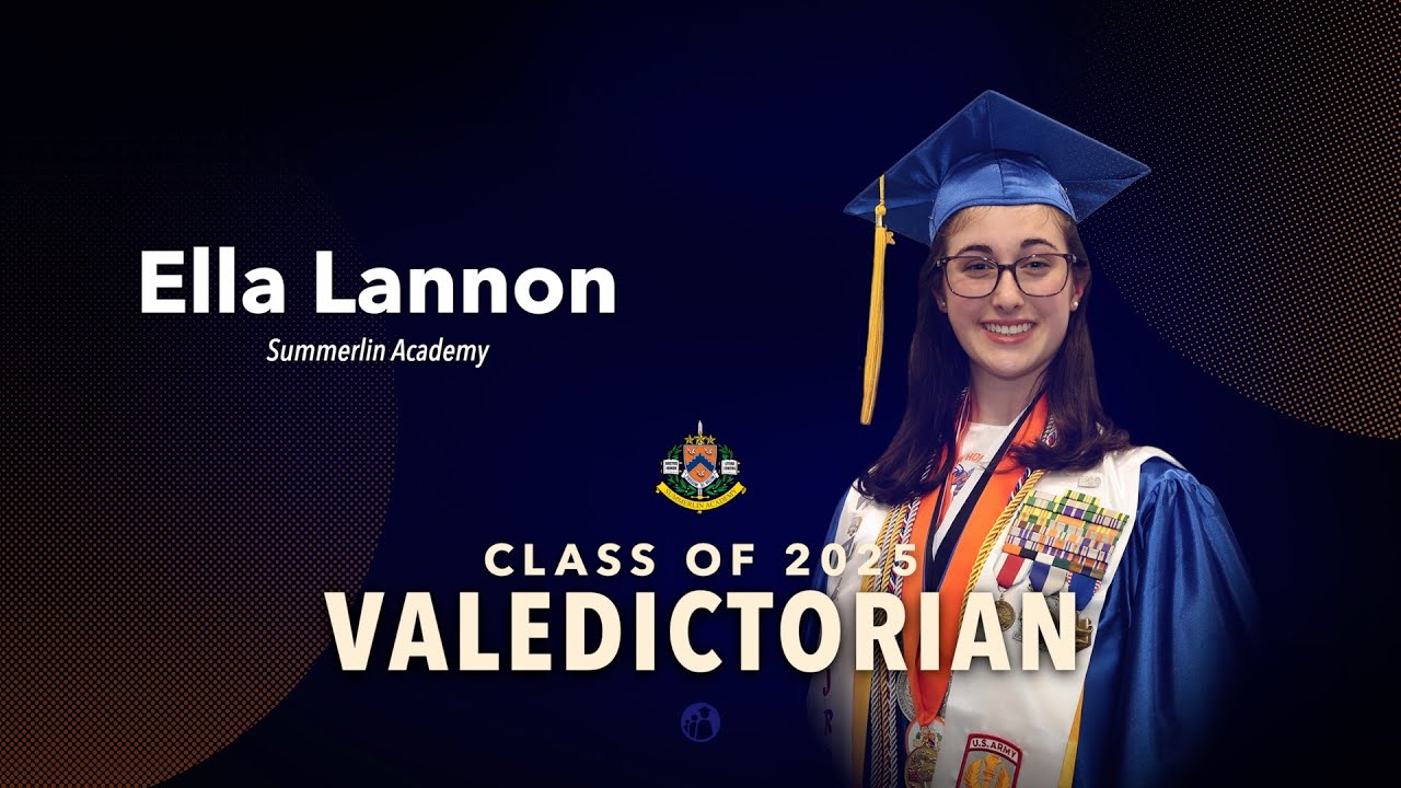 Class of 2025 valedictorian in blue cap and gown with JROTC medals and orange honor stole