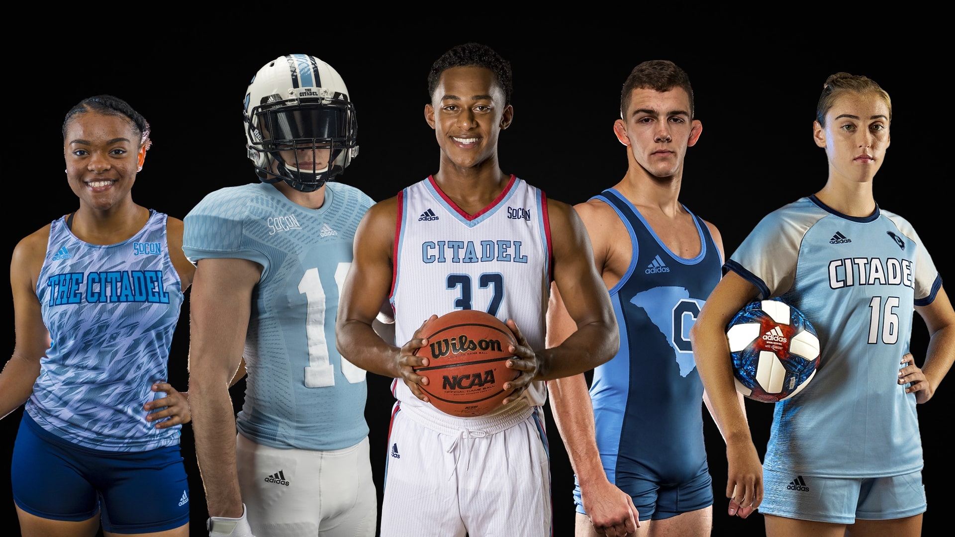 Five Citadel athletes representing track, football, basketball, wrestling, and volleyball in light blue uniforms
