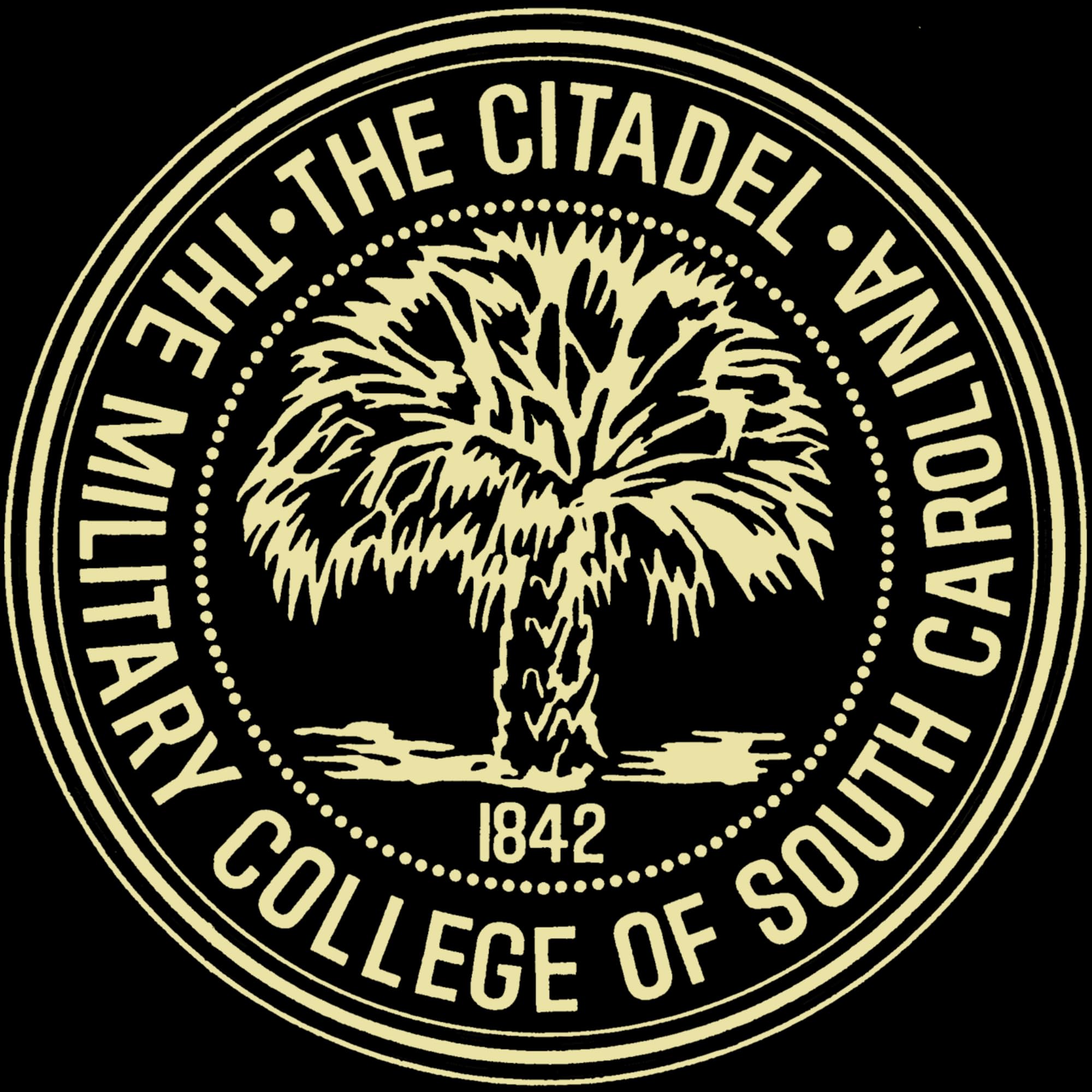 Circular gold seal featuring a palmetto tree with text reading The Citadel Military College of South Carolina and founding year 1842