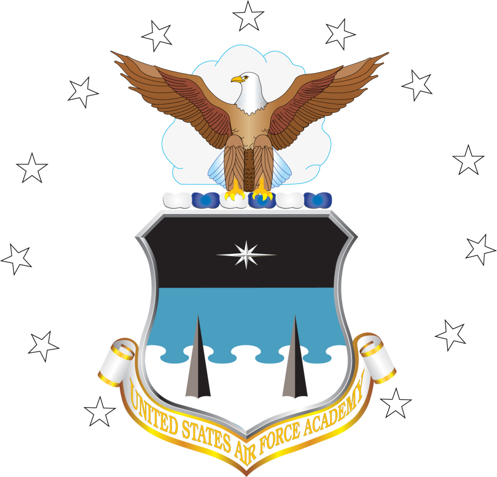 USAFA coat of arms with bald eagle, shield featuring star and contrails, surrounded by stars