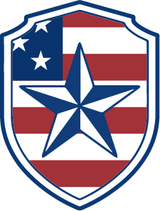 Shield-shaped crest with American flag red, white and blue stripes and central star