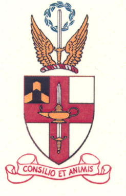 VMI heraldic coat of arms with winged sword, laurel wreath, quartered shield, and Consilio et Animis banner